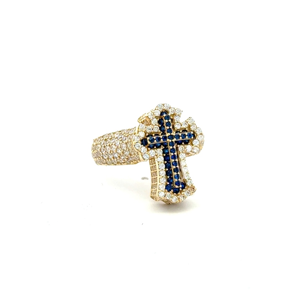 Ring CZ-Iced Embellished Blue Stepped Latin Cross 10.5 3.5mm 10K