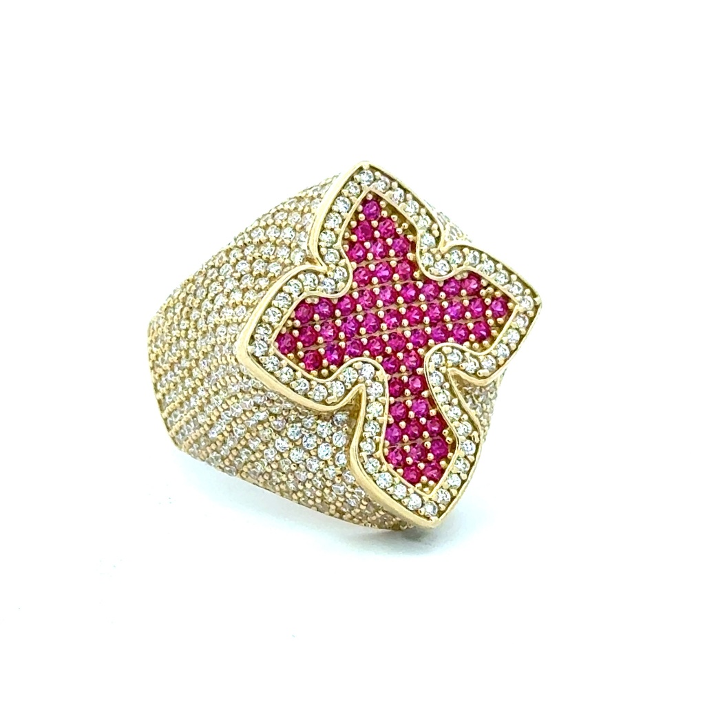 Ring CZ-Iced Big Trefoil Pink Cross 11 4mm 10K