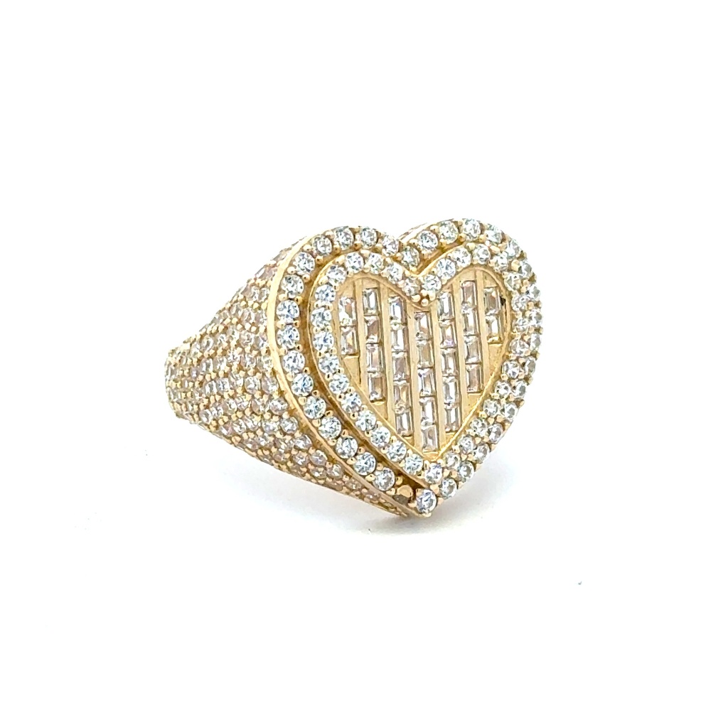 Ring CZ-Iced with Baguette Stones in Big Stepped Heart 7 3.5mm 10K
