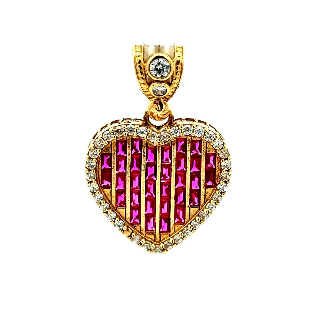 Pendant CZ-Iced with Pink Baguette Stones in Big Heart 31 10K