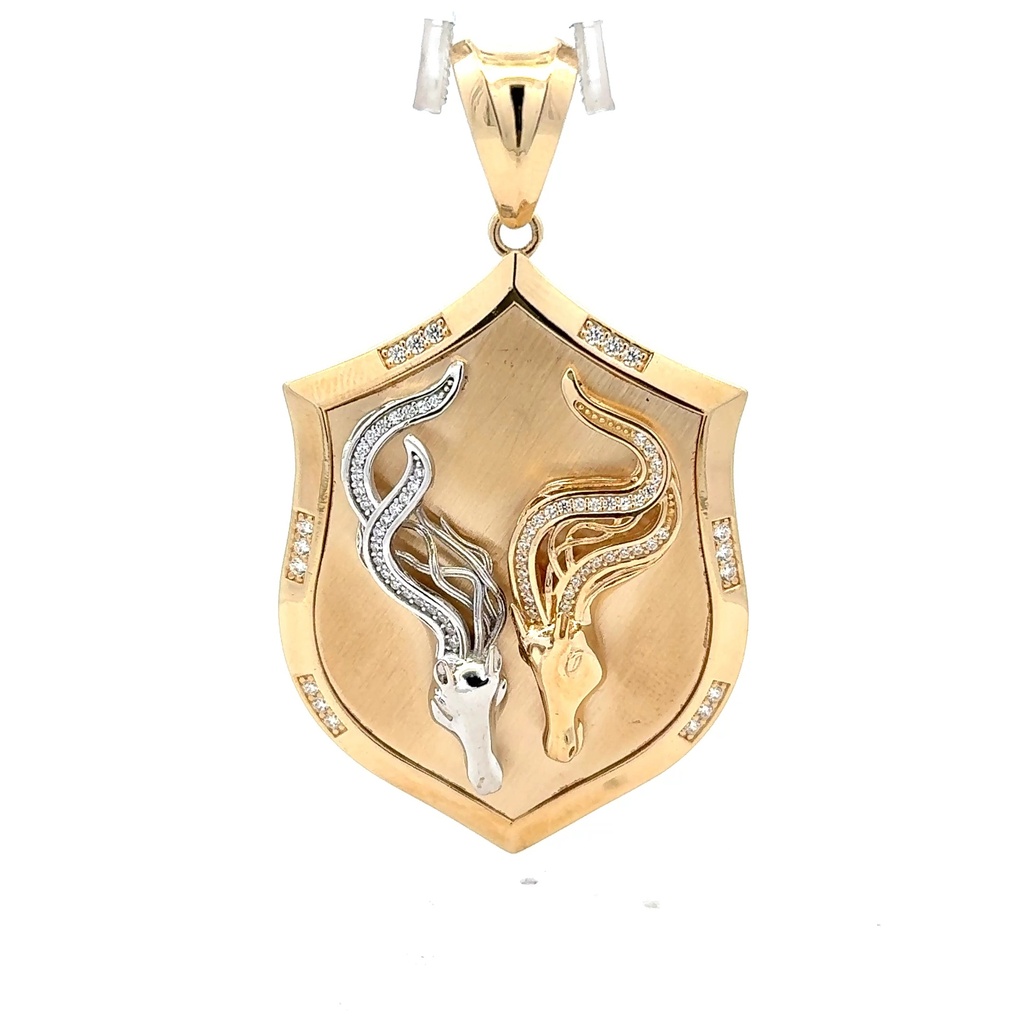 Pendant Two-Tone Horse Heads Shield with CZ 66.5 14K
