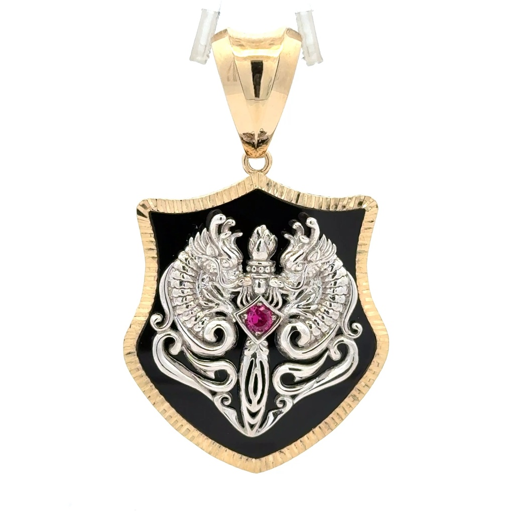 Pendant Dragons & Sword on Onyx Shield 55 14K