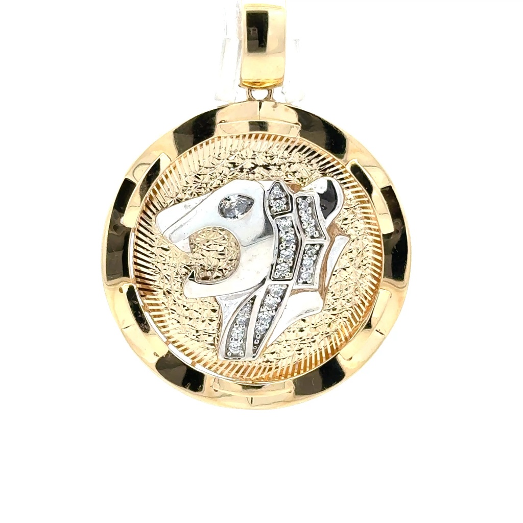 Pendant Two-Tone Roaring Lioness & CZ in Medallion 46 14K