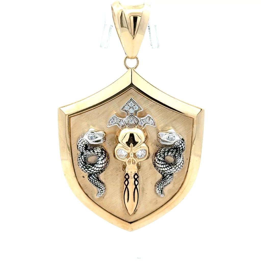 Pendant Snakes & Skull Sword Shield with CZ 69 14K