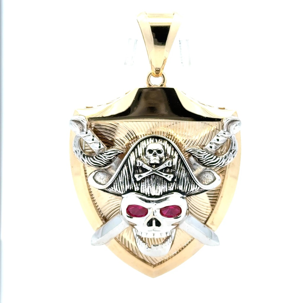 Pendant Two-Tone Red-Eyed Skull Pirate on Shield 70 14K