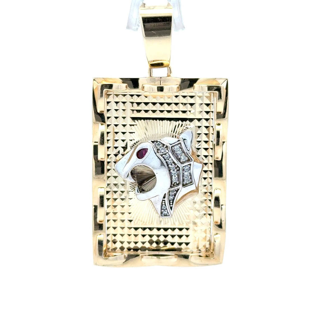 Pendant Two-Tone Red-Eyed Roaring Lioness & CZ on Dog Tag 53 14K
