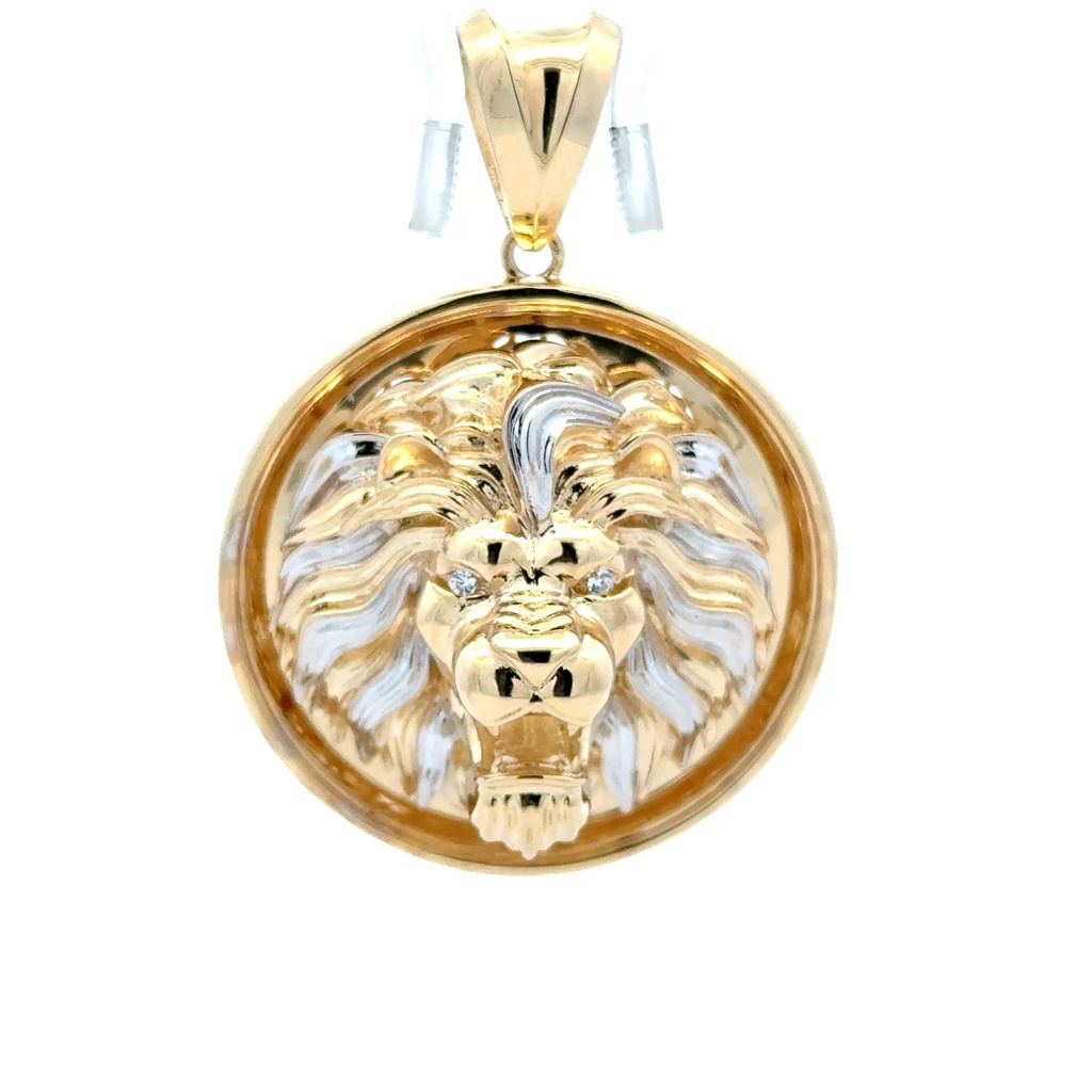 Pendant Two-Tone Roaring Lion & CZ in Medallion 55 14K