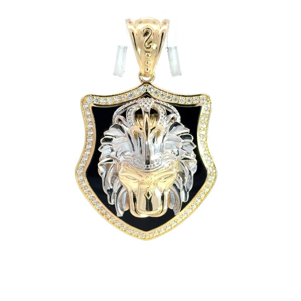 Pendant Two-Tone Lion Head with Crown on CZ-Edged Onyx Shield 52 14K