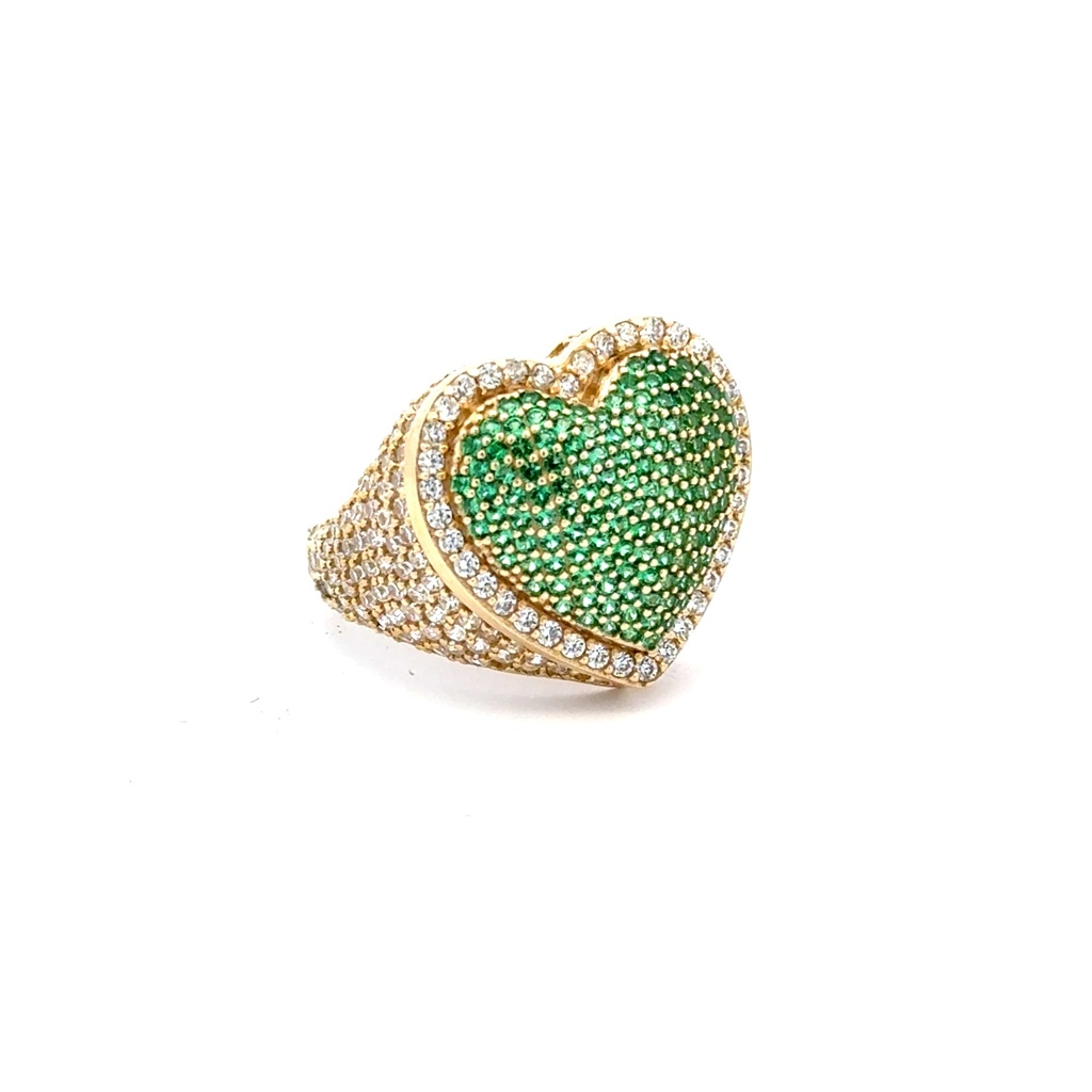 Ring CZ-Iced Big Green Puff Heart 7 4.5mm 10K