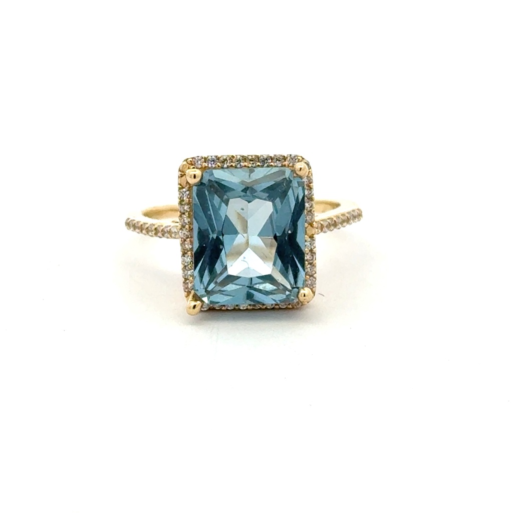 Ring Women Sky Blue Rect Stone and CZ 7.5 2.5mm 14K