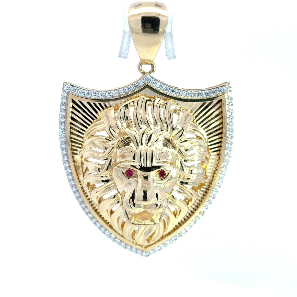 Pendant Red-Eyed Roaring Lion Head on CZ-Edged Shield 69 14K