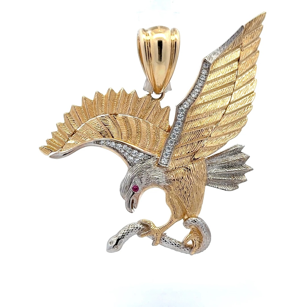 Pendant Two-Tone Red-Eyed Hunting Eagle & Snake with CZ 63.5 14K