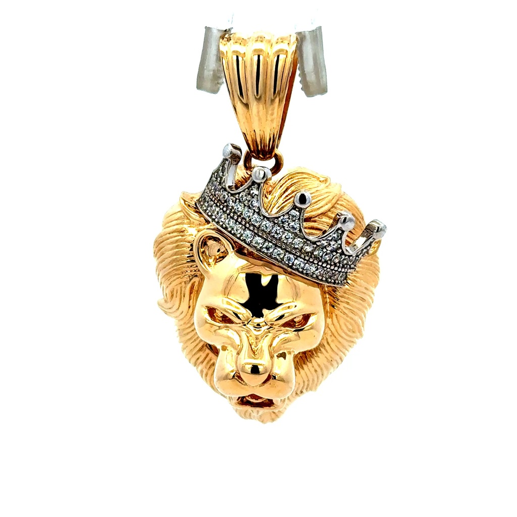 Pendant Roaring Lion Head with Crown & CZ 45 14K