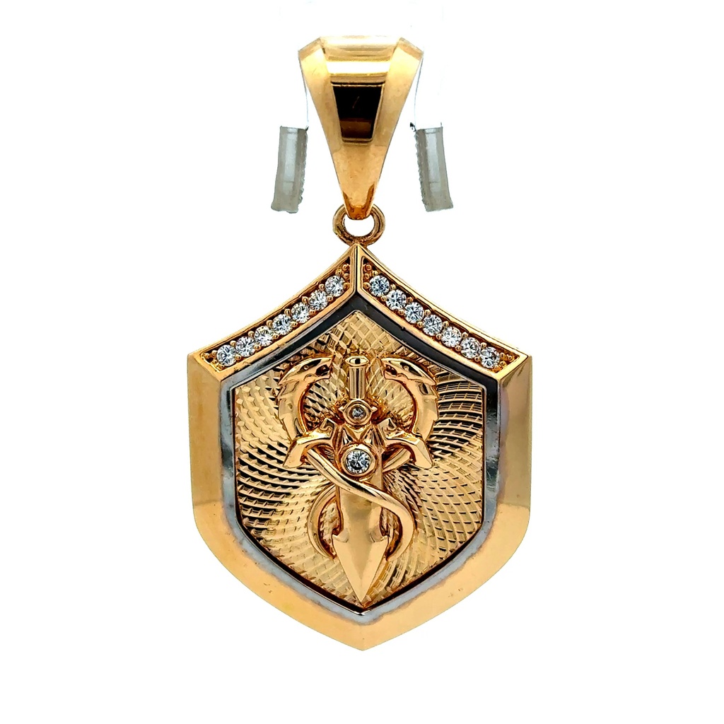Pendant Dragons & Sword on Shield with CZ 51 14K