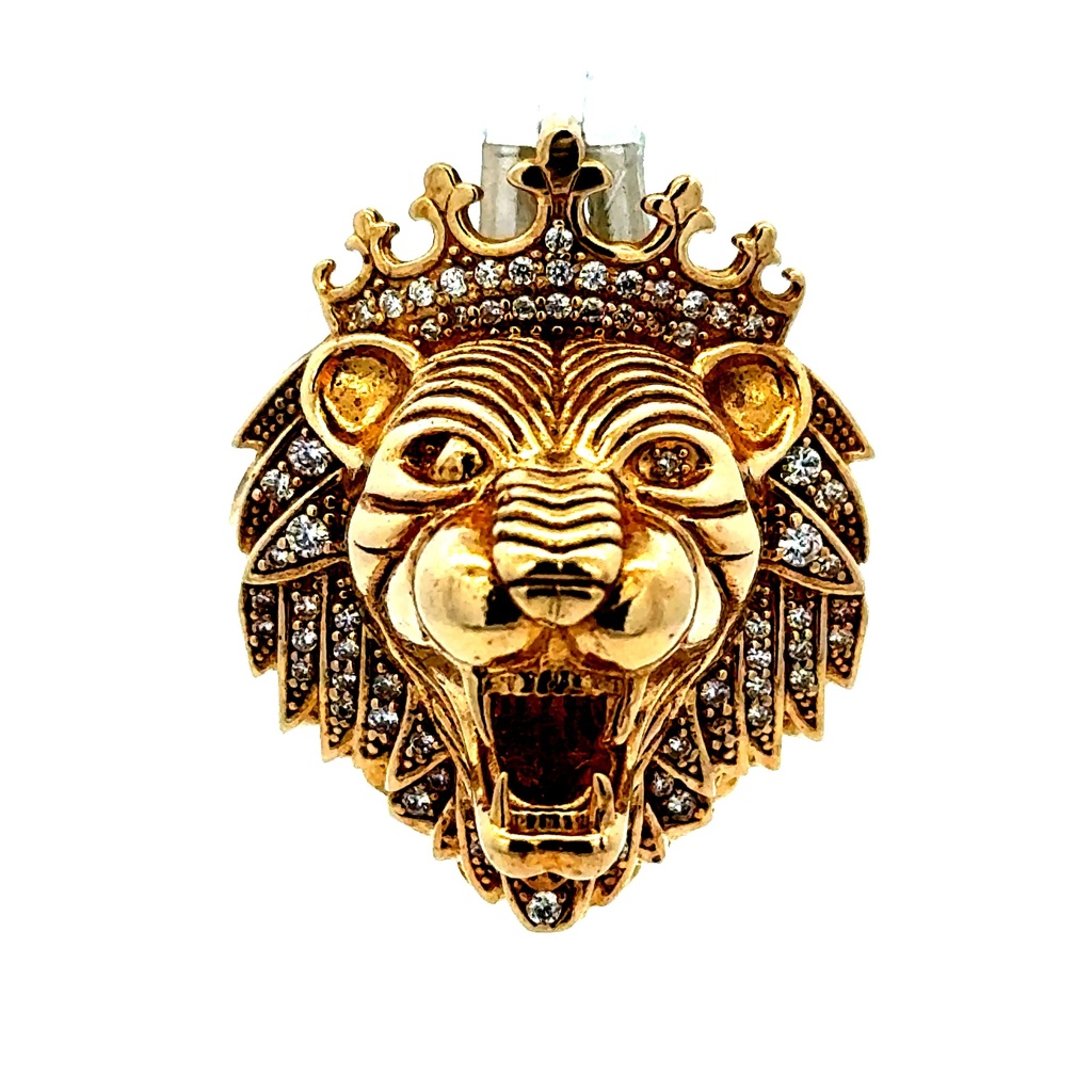 Pendant Roaring Lion Head with Crown & CZ 32 10K