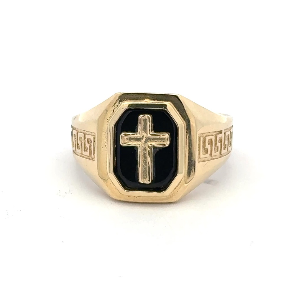 Ring Greek Key and Latin Cross on Onyx 10.5 4mm 10K