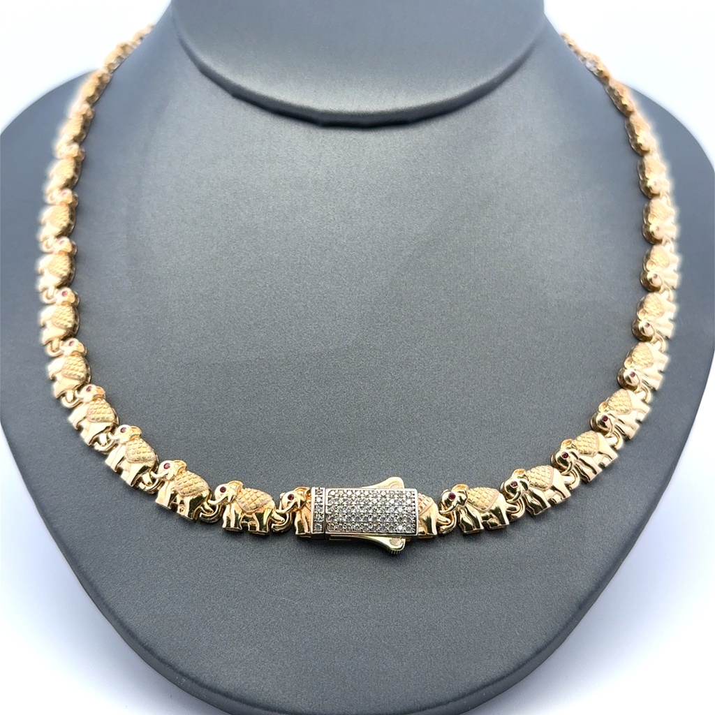 Necklaces Red Eye Elephant Link with CZ-Iced Sleek Lock 7.5mm 17" 14K