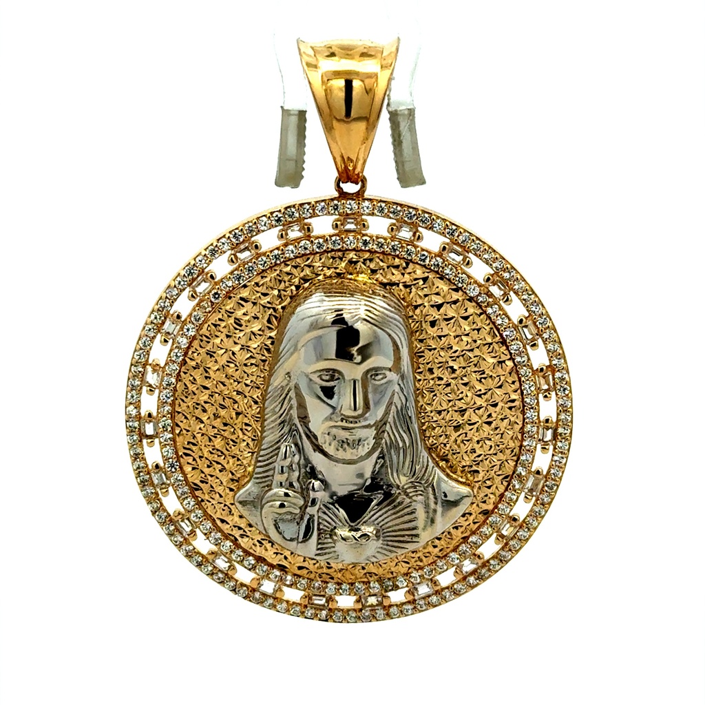 Pendant Two-Tone Openwork Medallion with CZ & Halo Jesus Face 54 14K