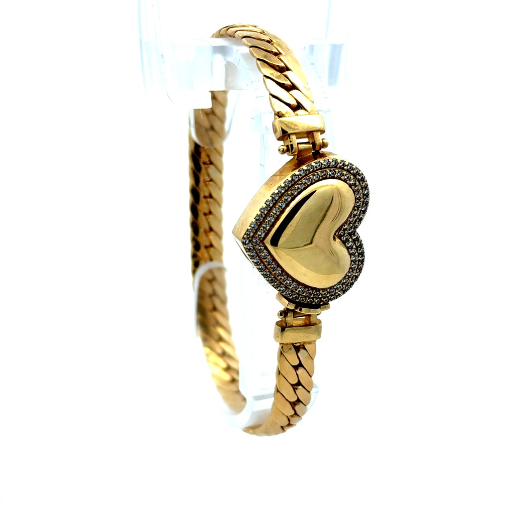 Bracelet Flat Herringbone with CZ-Sided Heart Lock 21mm 7.5" 10K