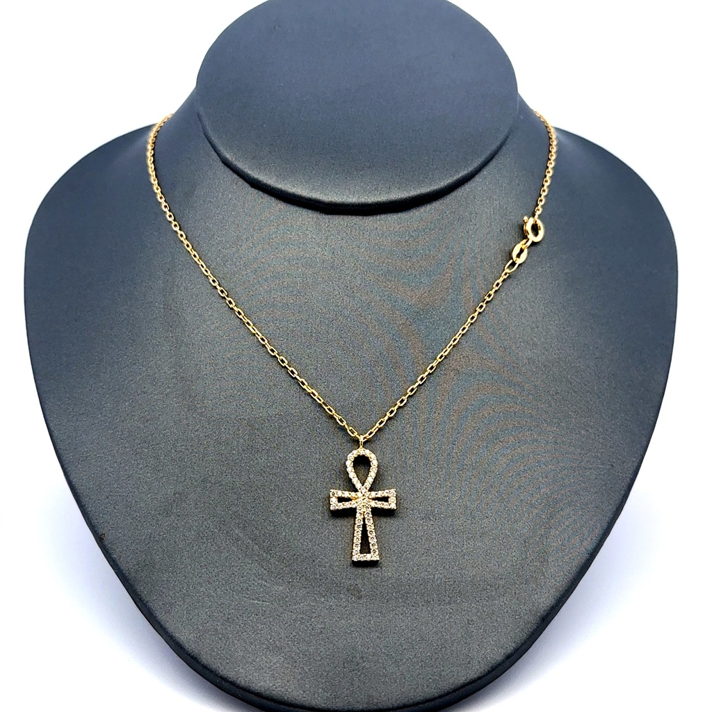 Chain Boston w CZ-Ankh Cross Pendant 1mm 16" 14K