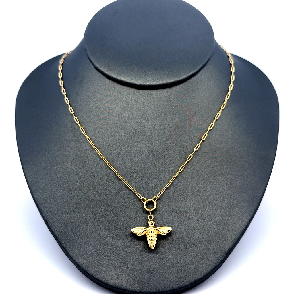 Chain Oval Slim Link w Bee Pendant 1.5mm 18" 14K