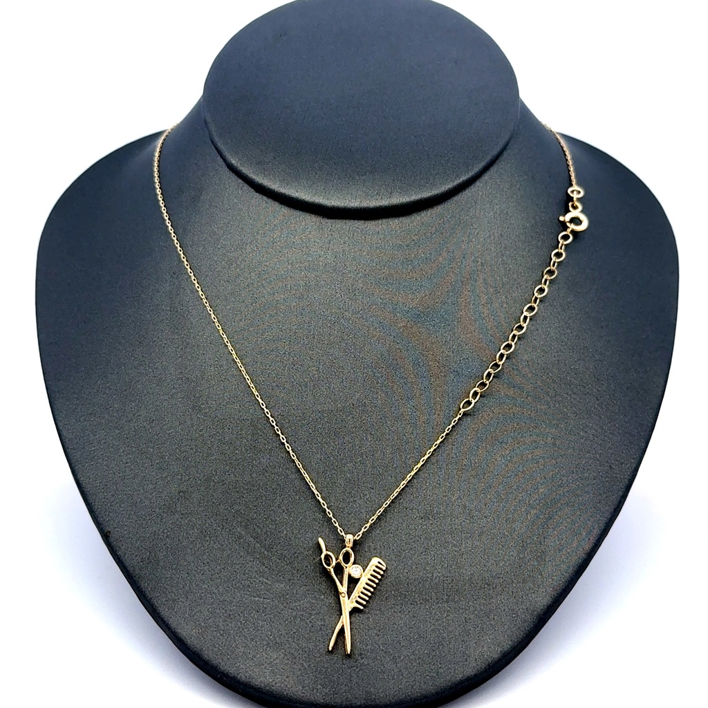 Chain Boston w Barber Shears, Comb & CZ Pendant 0.5mm 18" 10K