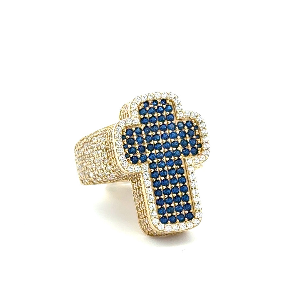 Ring CZ-Iced Big Blue Cross 11 4.5mm 10K