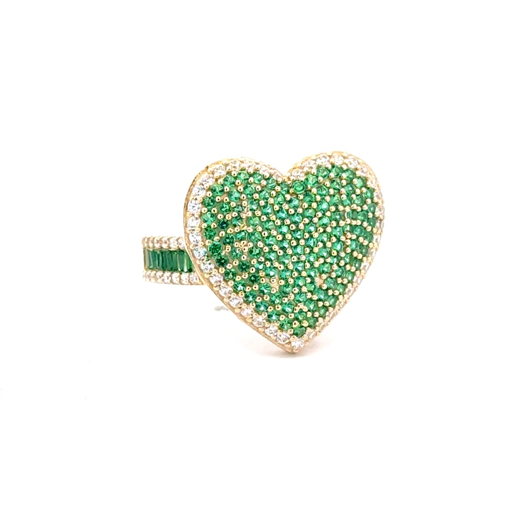 Ring Band with CZ-Iced Big Green Heart 7.5 3.5mm 10K