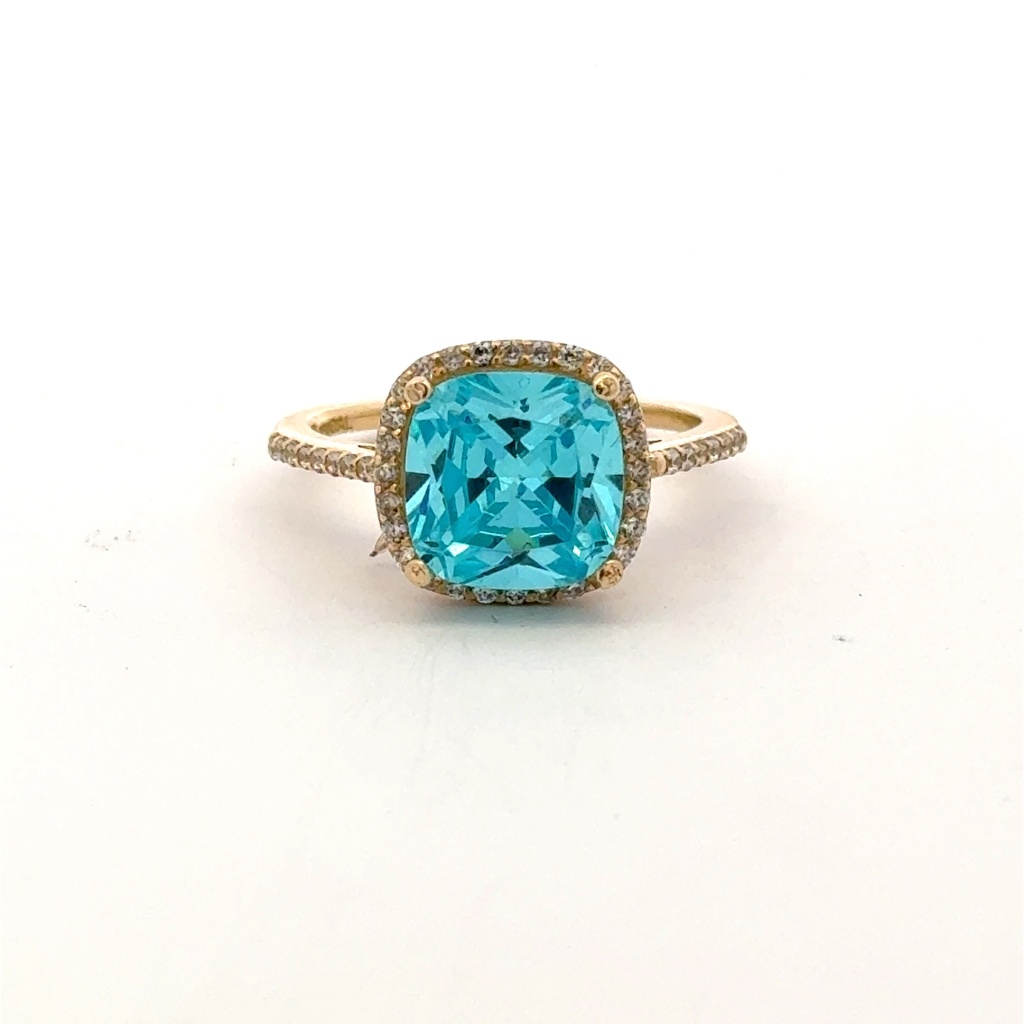 Ring Women Sky Blue Square Stone and CZ 6.5 1.5mm 10K
