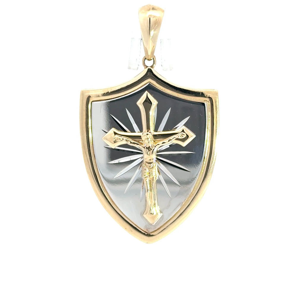 Pendant Two-Tone Shield with Jesus on the Cross 52.5 10K