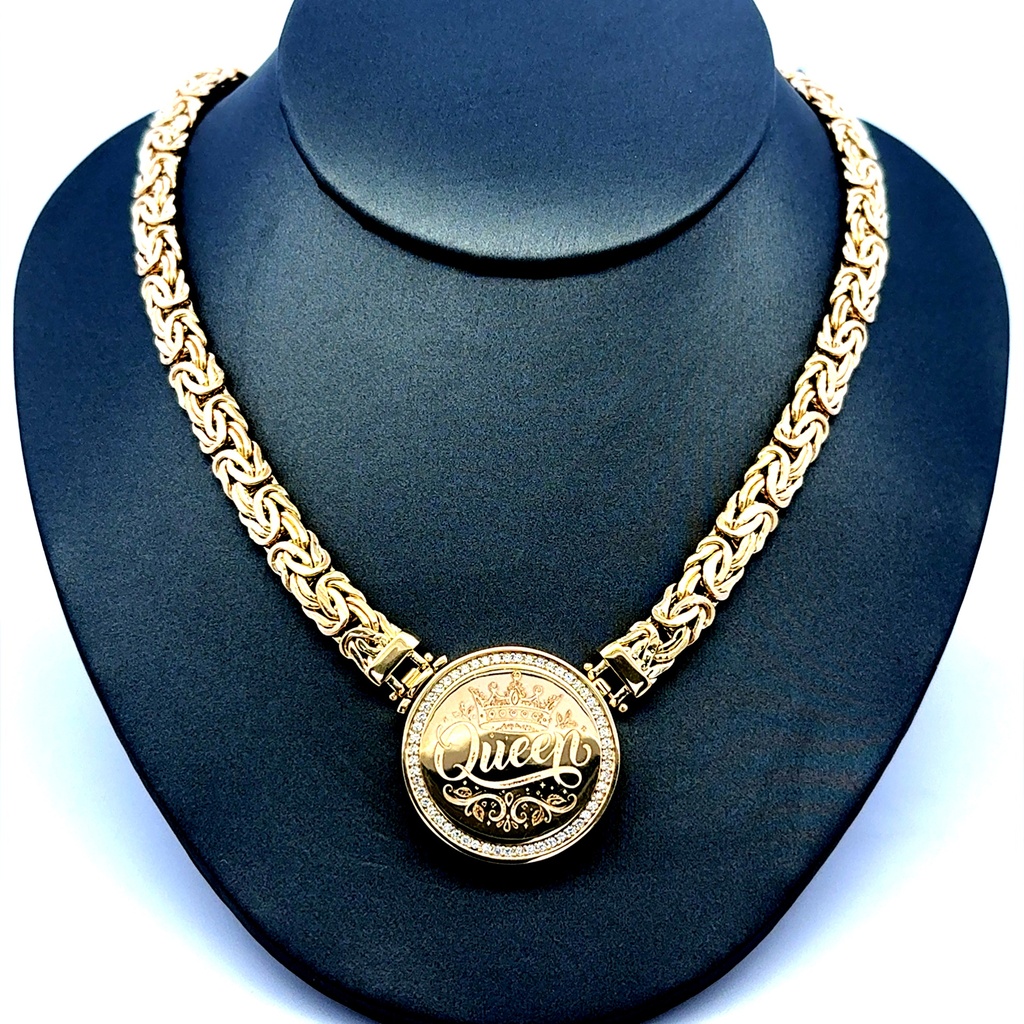 Necklaces Byzantine w Lock Medallion & CZ 7mm 18" 14K