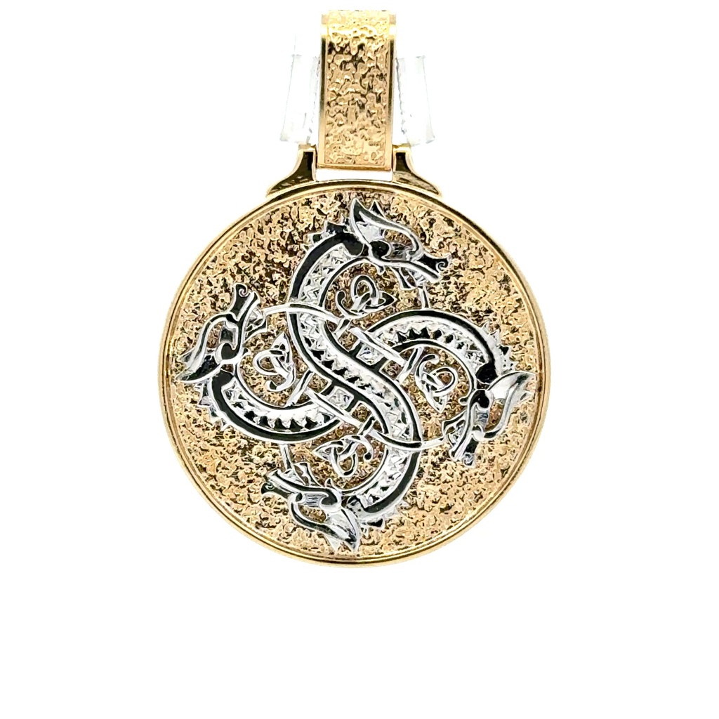 Pendant Two-Tone Four Head Dragon Medallion 43 14K