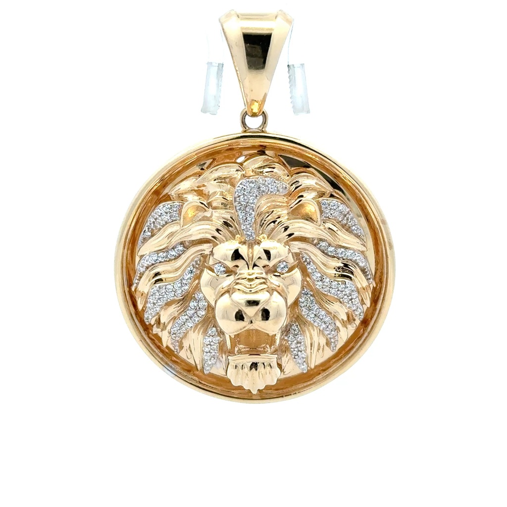 Pendant Two-Tone Roaring Lion & CZ in Medallion 55 14K